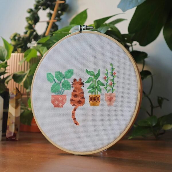 CAT AMONGST THE POT PLANTS - Cross Stitch Kit-Embroidery Kit for Beginners