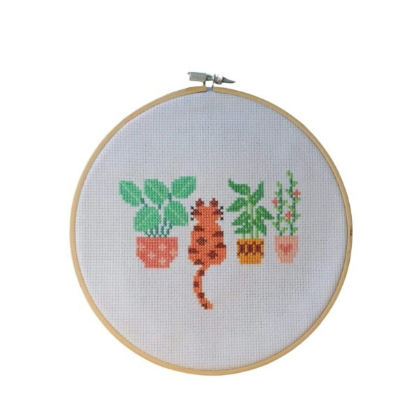 CAT AMONGST THE POT PLANTS - Cross Stitch Kit-Embroidery Kit for Beginners